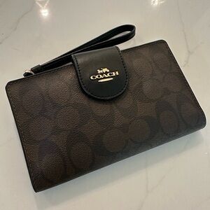 Coach Black and Dark Brown Logo Wristlet
